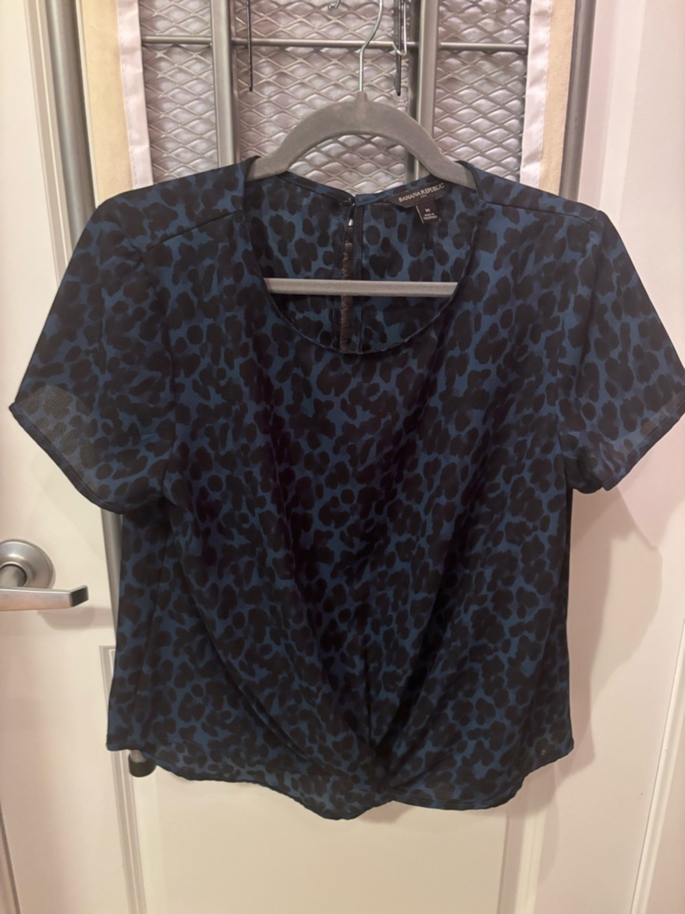 Banana Republic Blue and Black Leopard-Print Twist Front Blouse